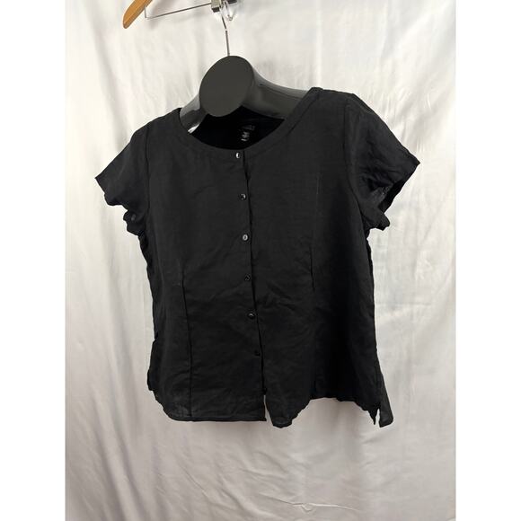 Eileen Fisher Black 100% Irish Linen Button Blouse Top Cap Sleeves LARGE - Picture 5 of 16